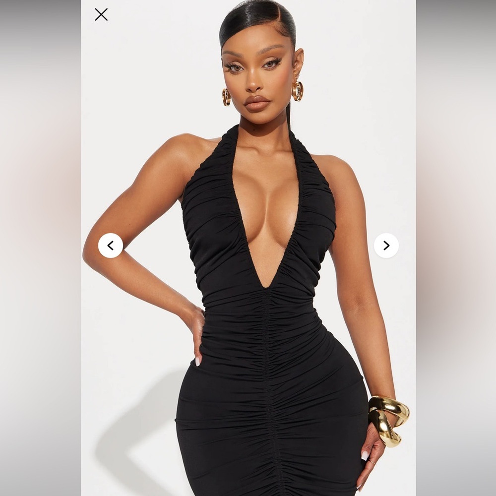 Keke Ruched Deep V Midi Dress - Black - Picture 2 of 5